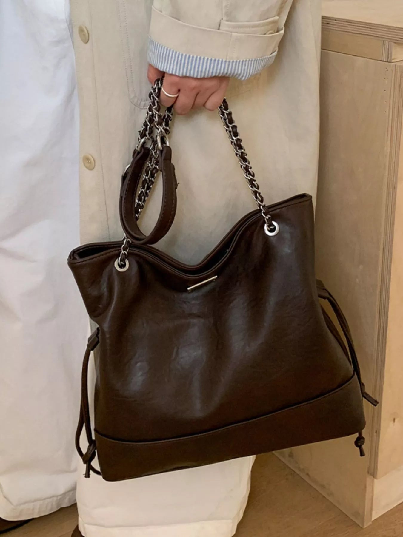 Chain Strap Faux Leather Tote Bag