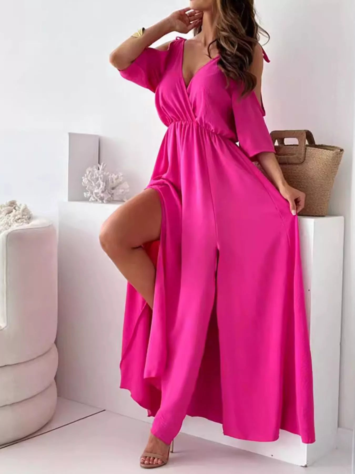 Slit Cold Shoulder Maxi Dress