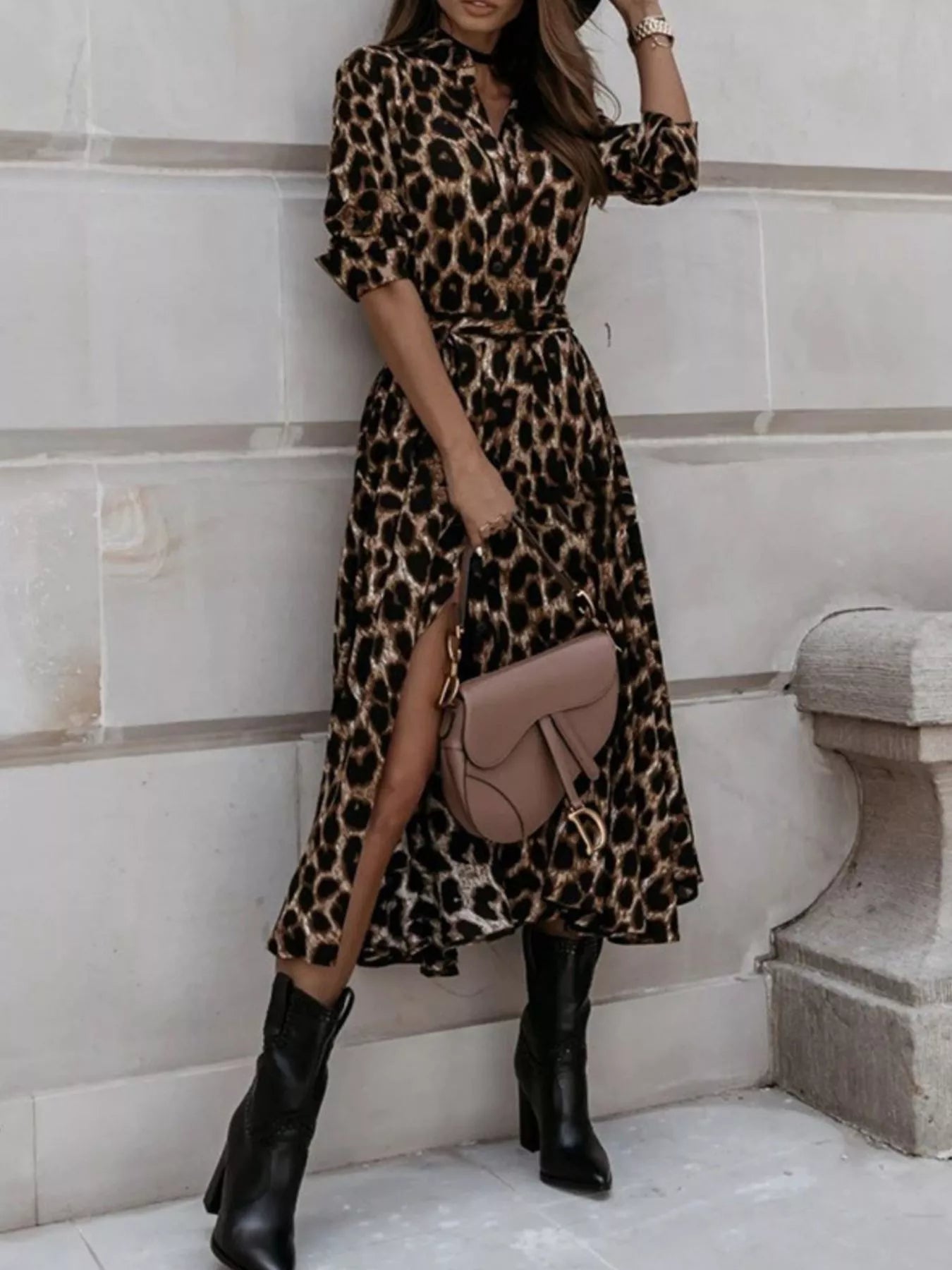 Leopard Print Button-Down Midi Dress with Belt