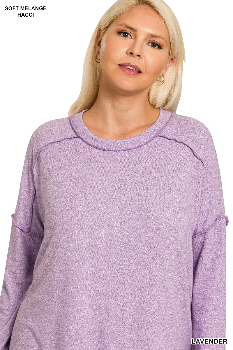 Zenana Full Size Melange Hacci Exposed Seam Hi-low Tee Plus Size