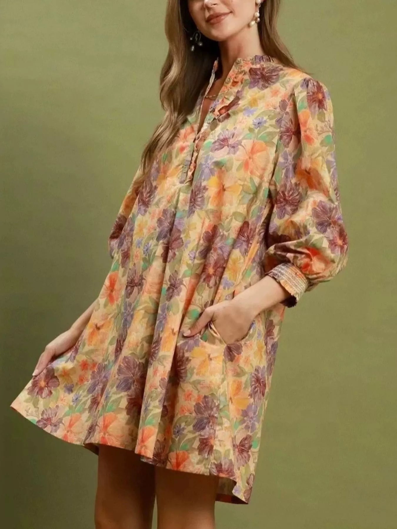 Vintage Floral Print 3/4 Sleeve Dress