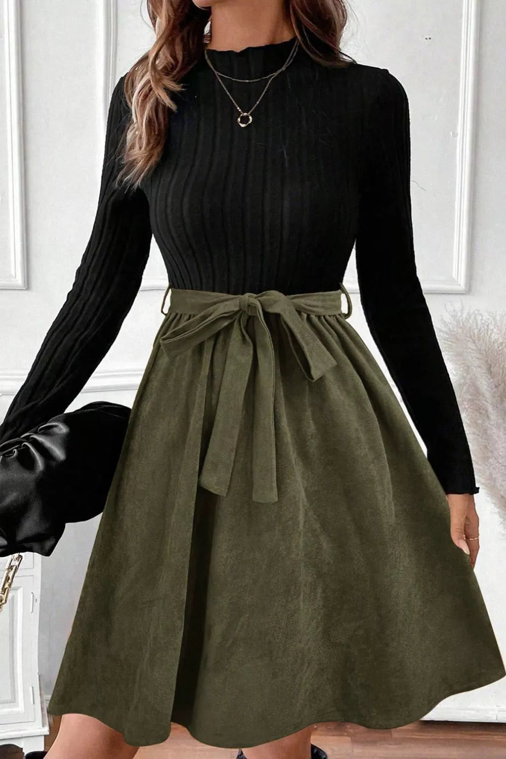 Ribbed Tie Waist A-Line Dress