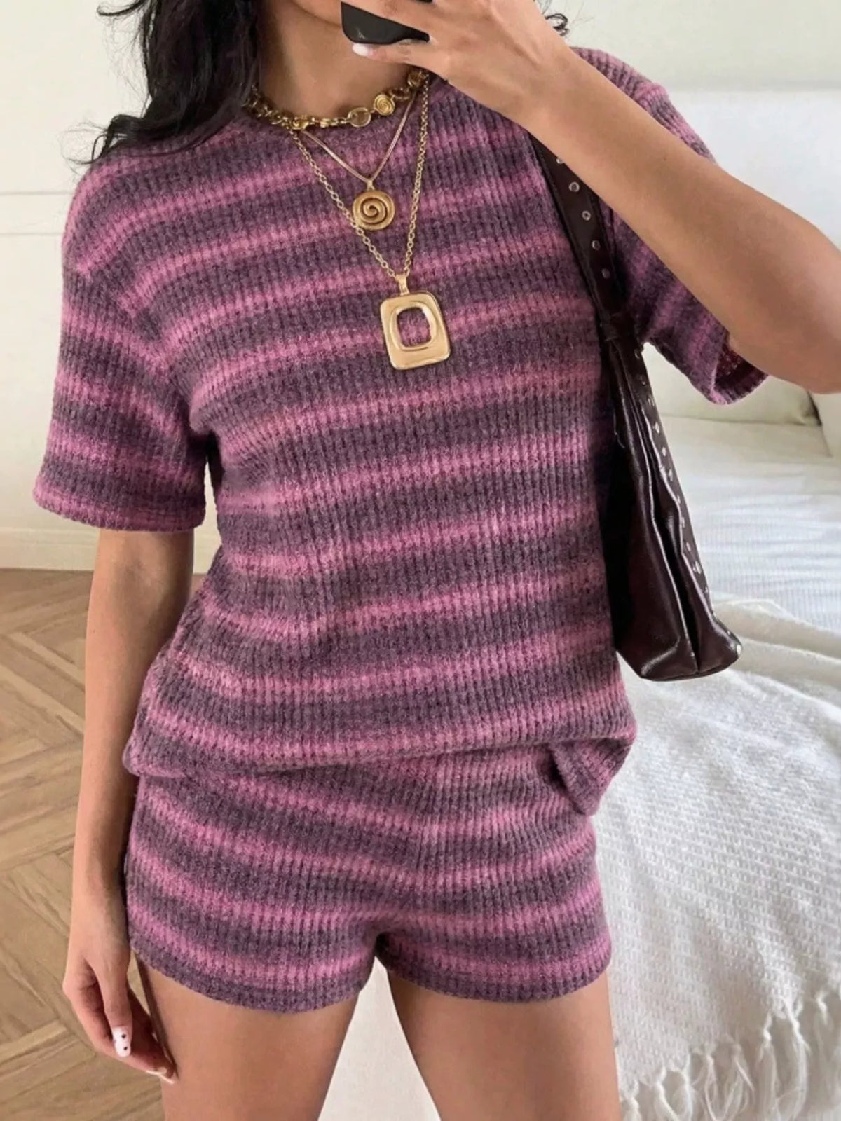 Striped Textured Knit Top and Shorts Set