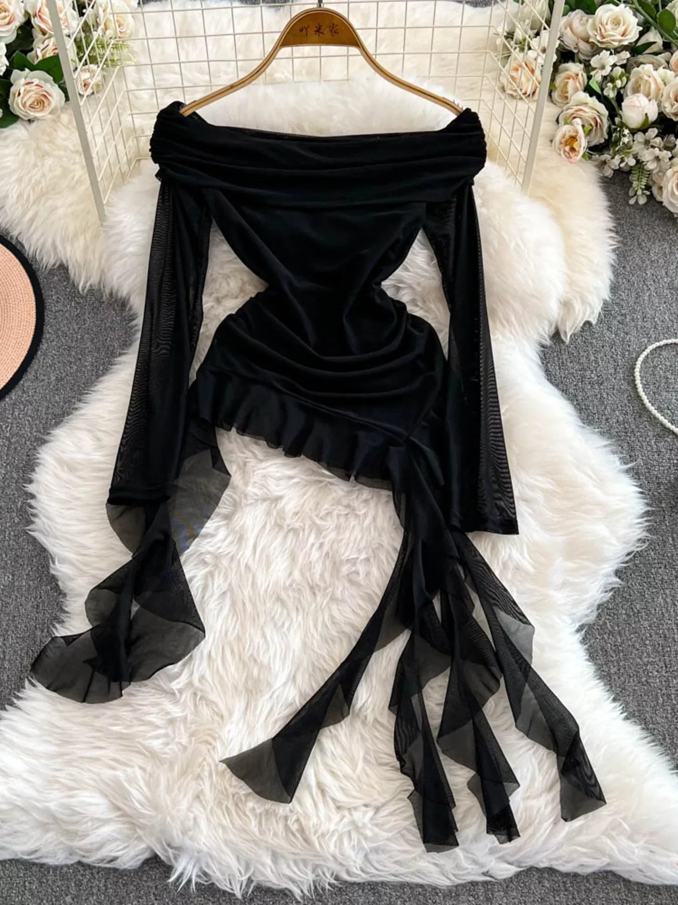 Off-Shoulder Ruffled Mesh Top