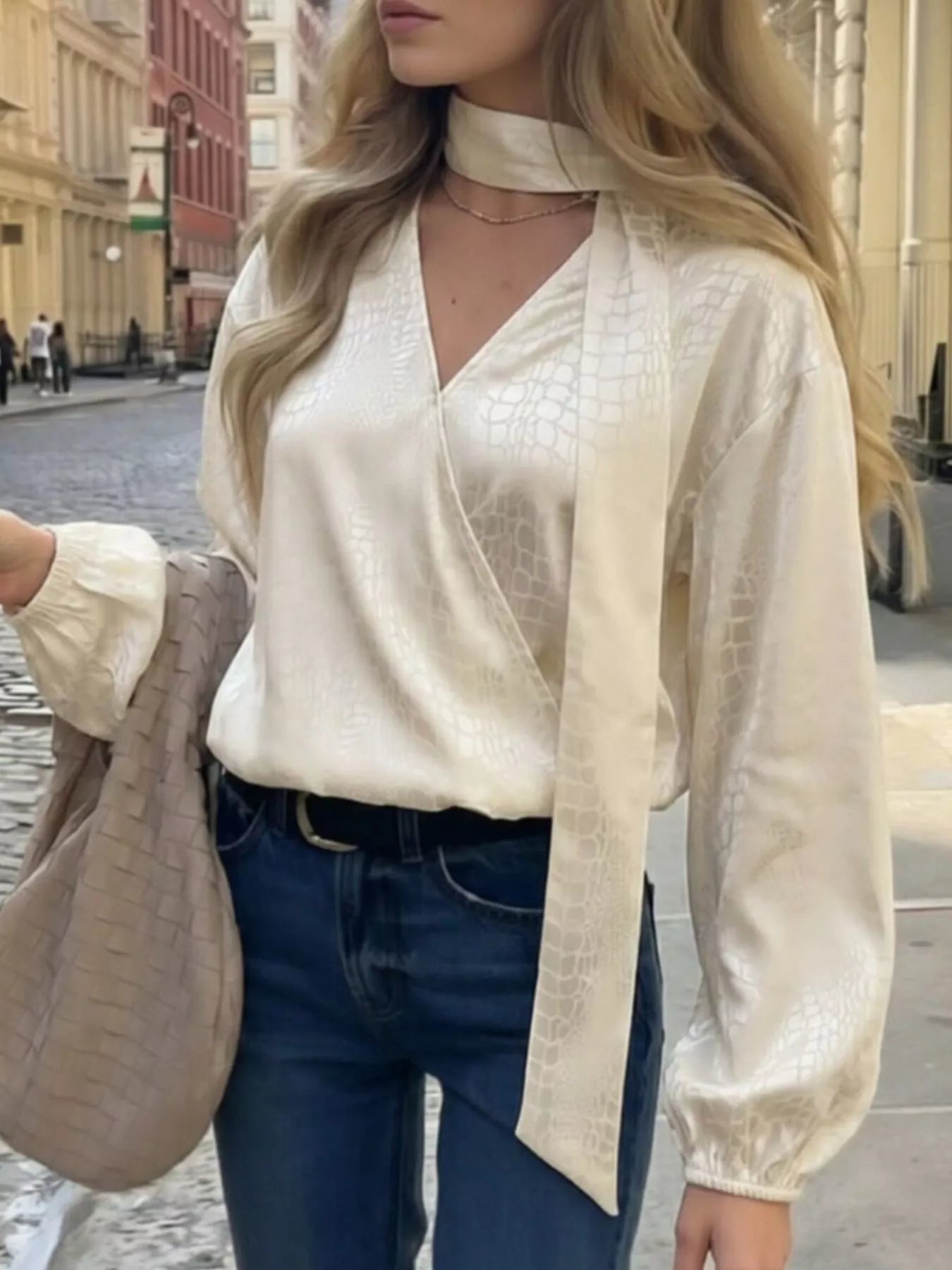 Crocodile-Embossed Surplice Balloon Sleeve Blouse