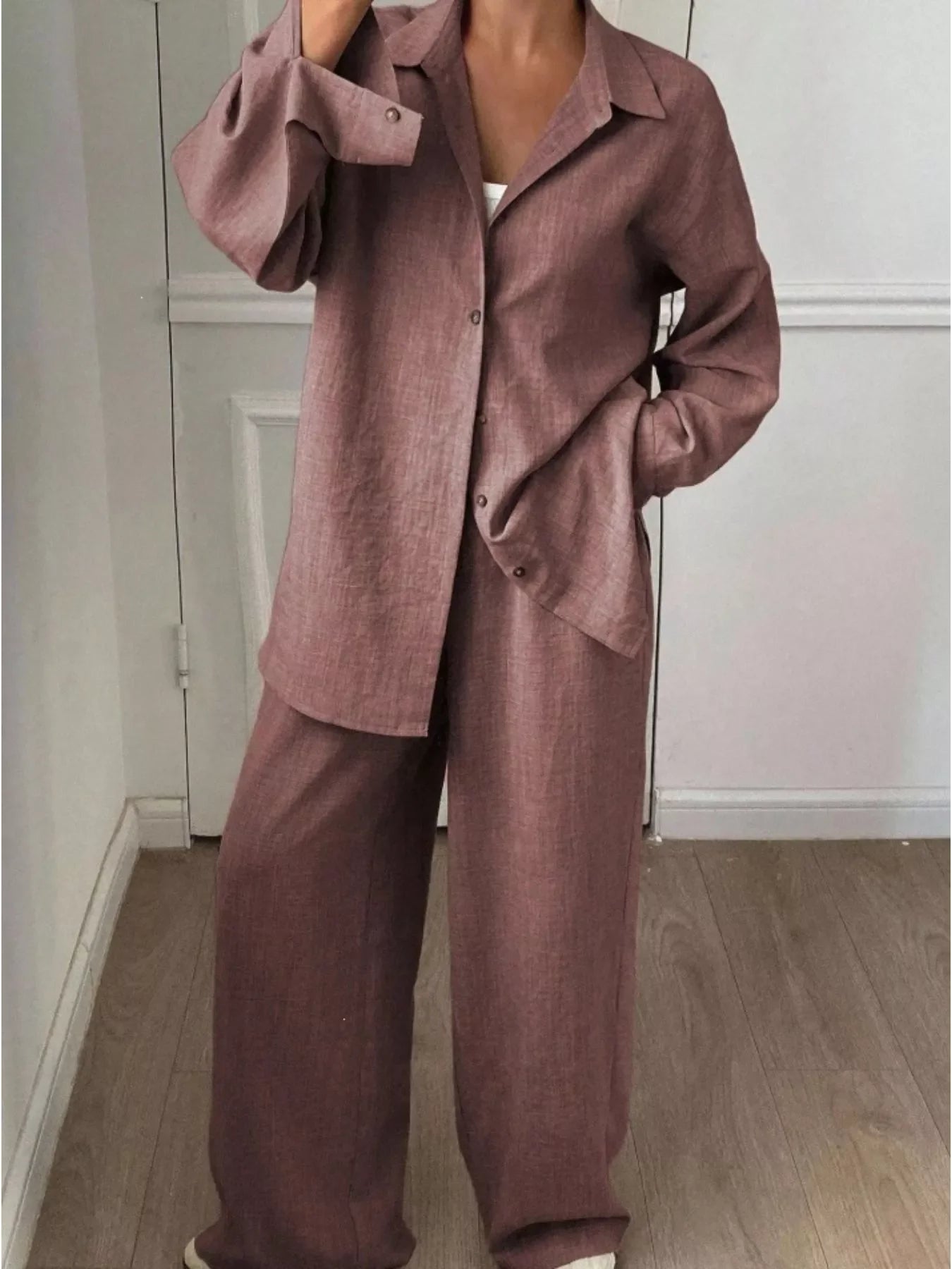 Button-Down Shirt and Wide-Leg Pants Set