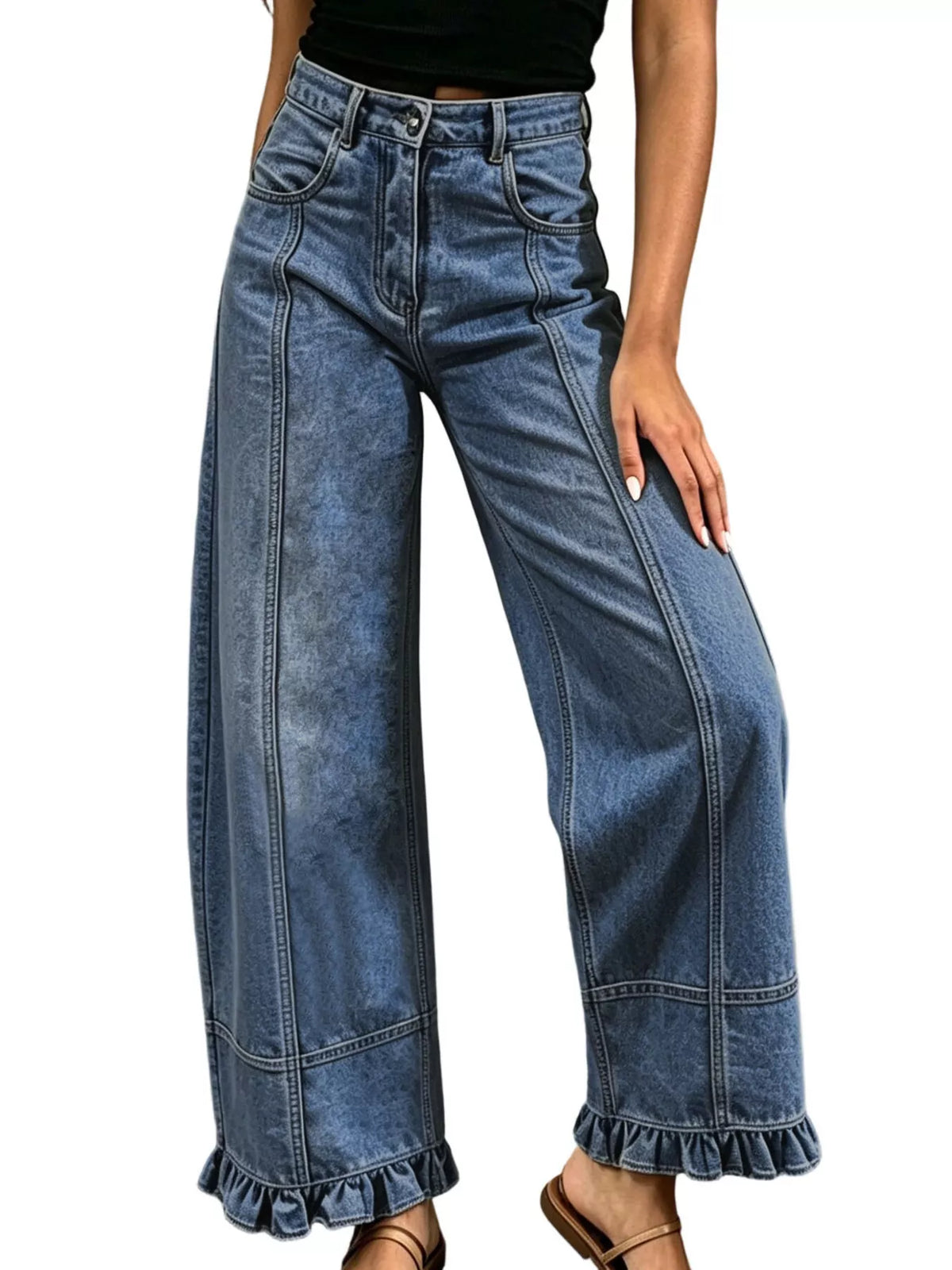 Full Size High-Waisted Wide-Leg Ruffled Hem Jeans Plus Size
