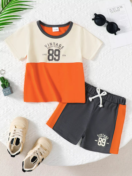 Children's Vintage Style Color Block T-Shirt & Shorts Set