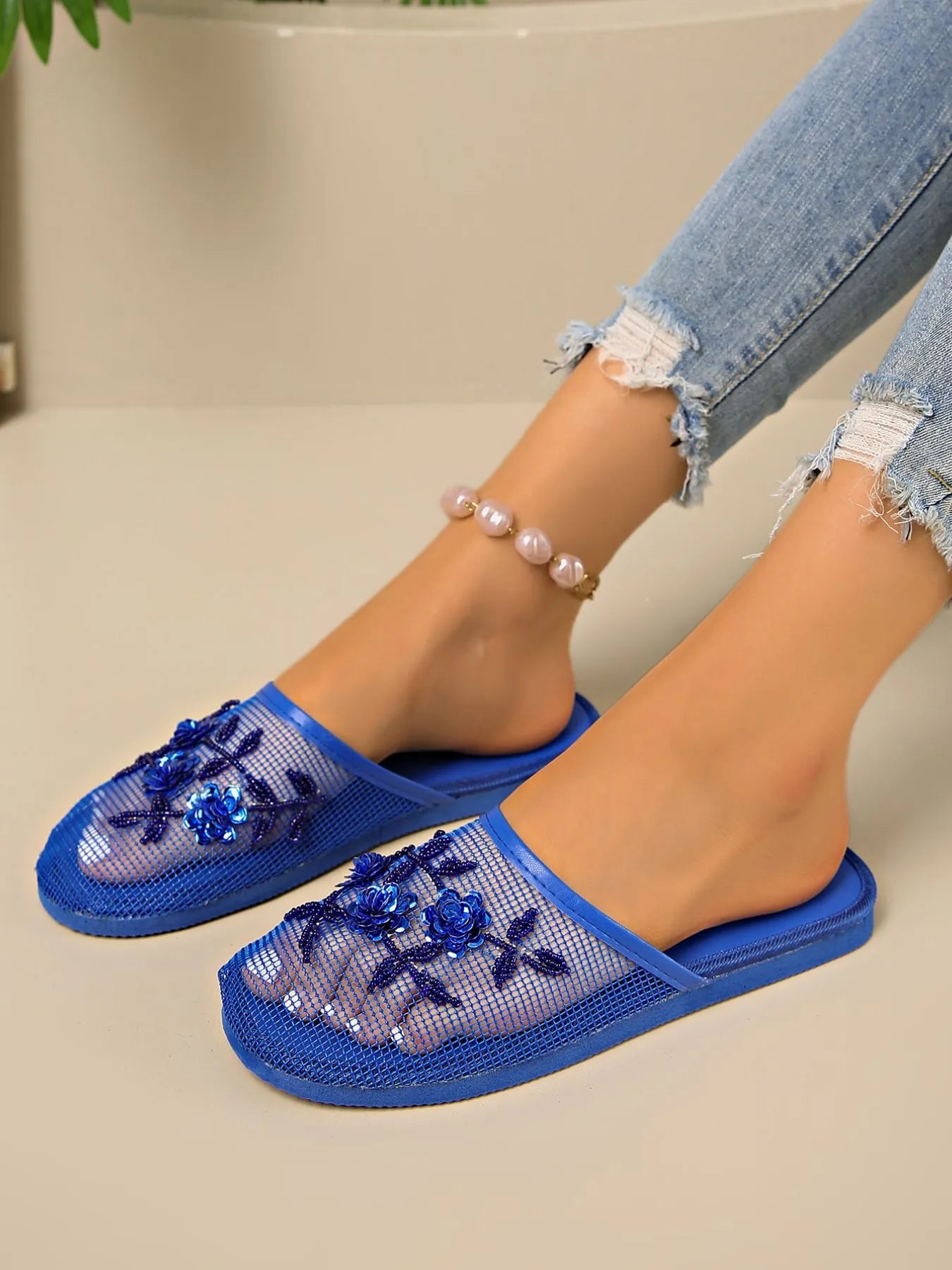 Mesh Floral Embroidered Slide Sandals
