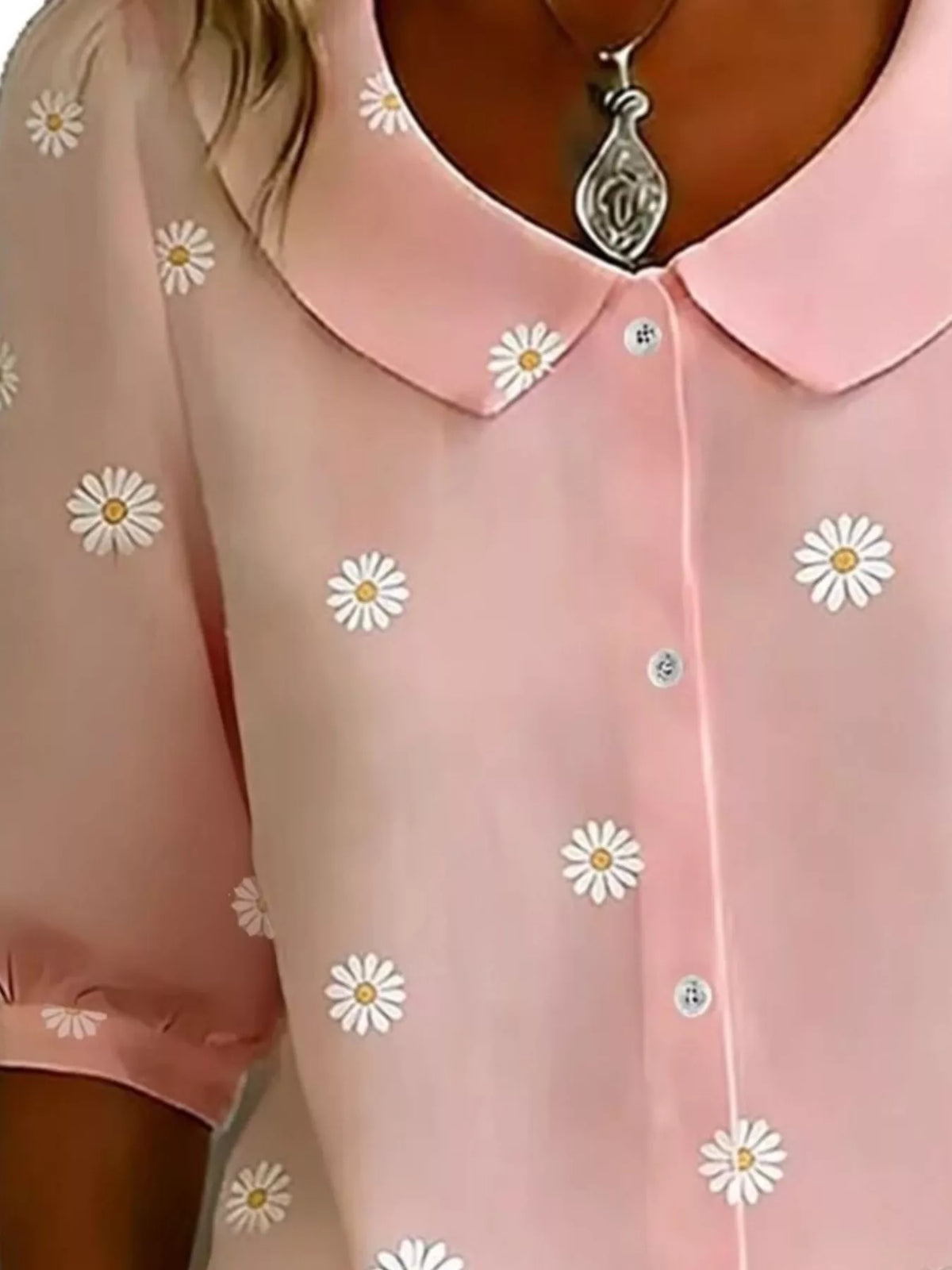 Daisy Print Peter Pan Collar Button-Down Shirt