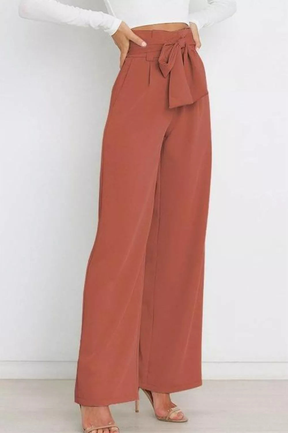 High Waist Tie Front Wide Leg Pants