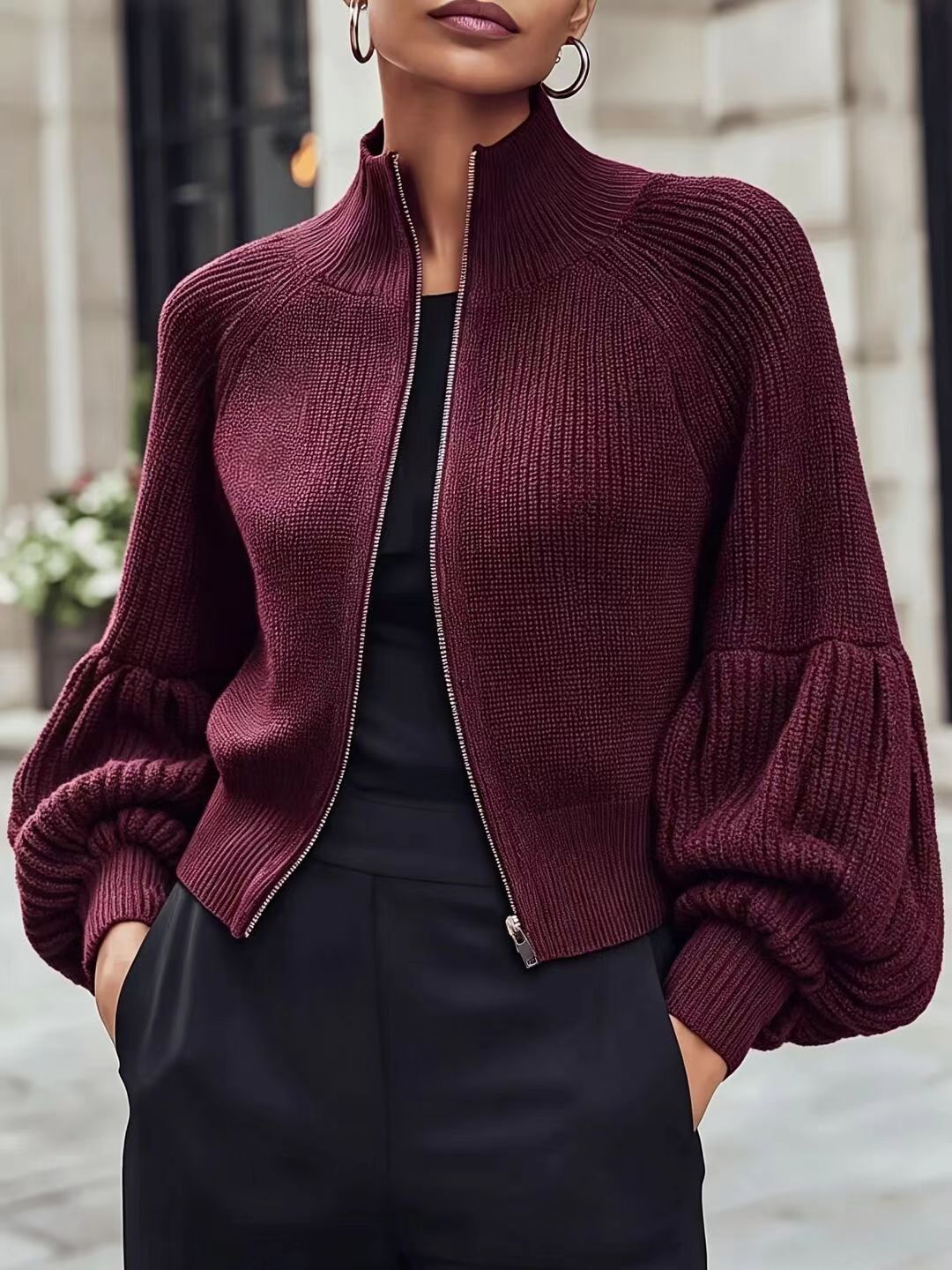 Women's Textured Open-Front Lantern-Sleeve Cardigan