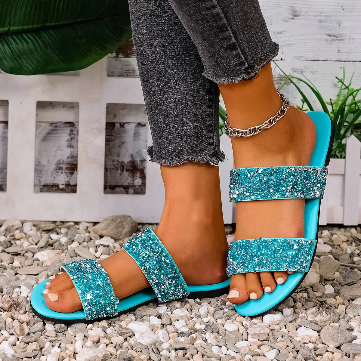 Sequin Open Toe Flats Sandals