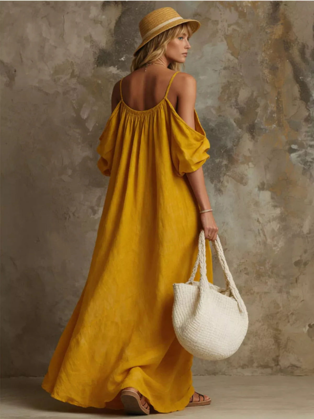 Full Size Cold-Shoulder Linen Maxi Dress Plus Size