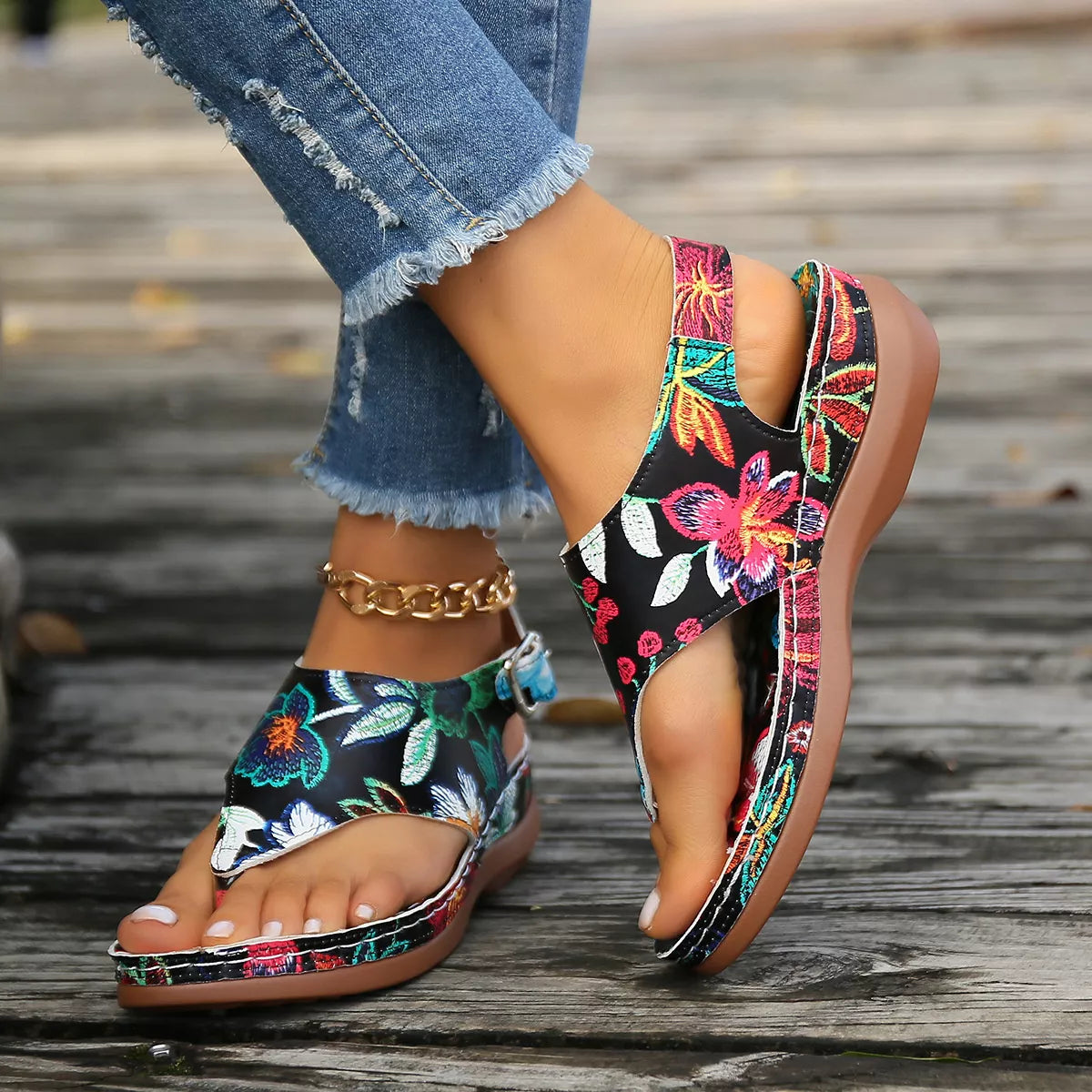 Floral Thong Wedge Sandals