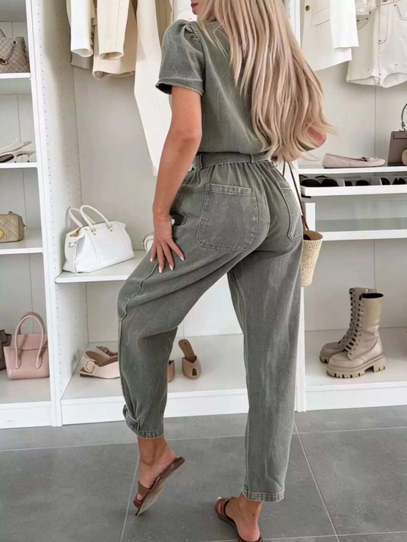 Vintage Wash Short Sleeve Denim Jumpsuit