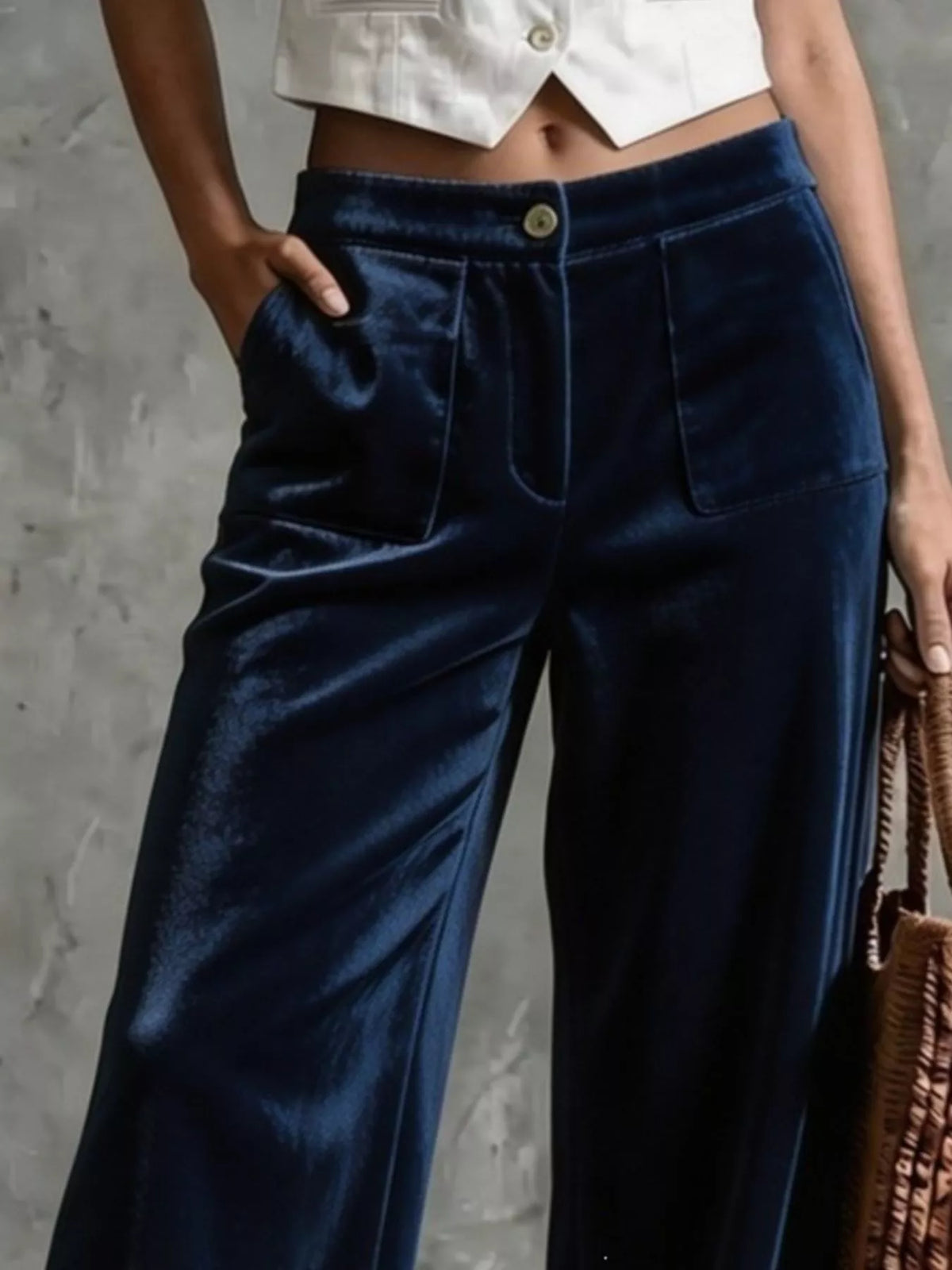 Full Size High-Waisted Wide-Leg Velvet Pants with Front Pockets Plus Size