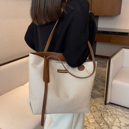Leather Trim Canvas Shoulder Bag