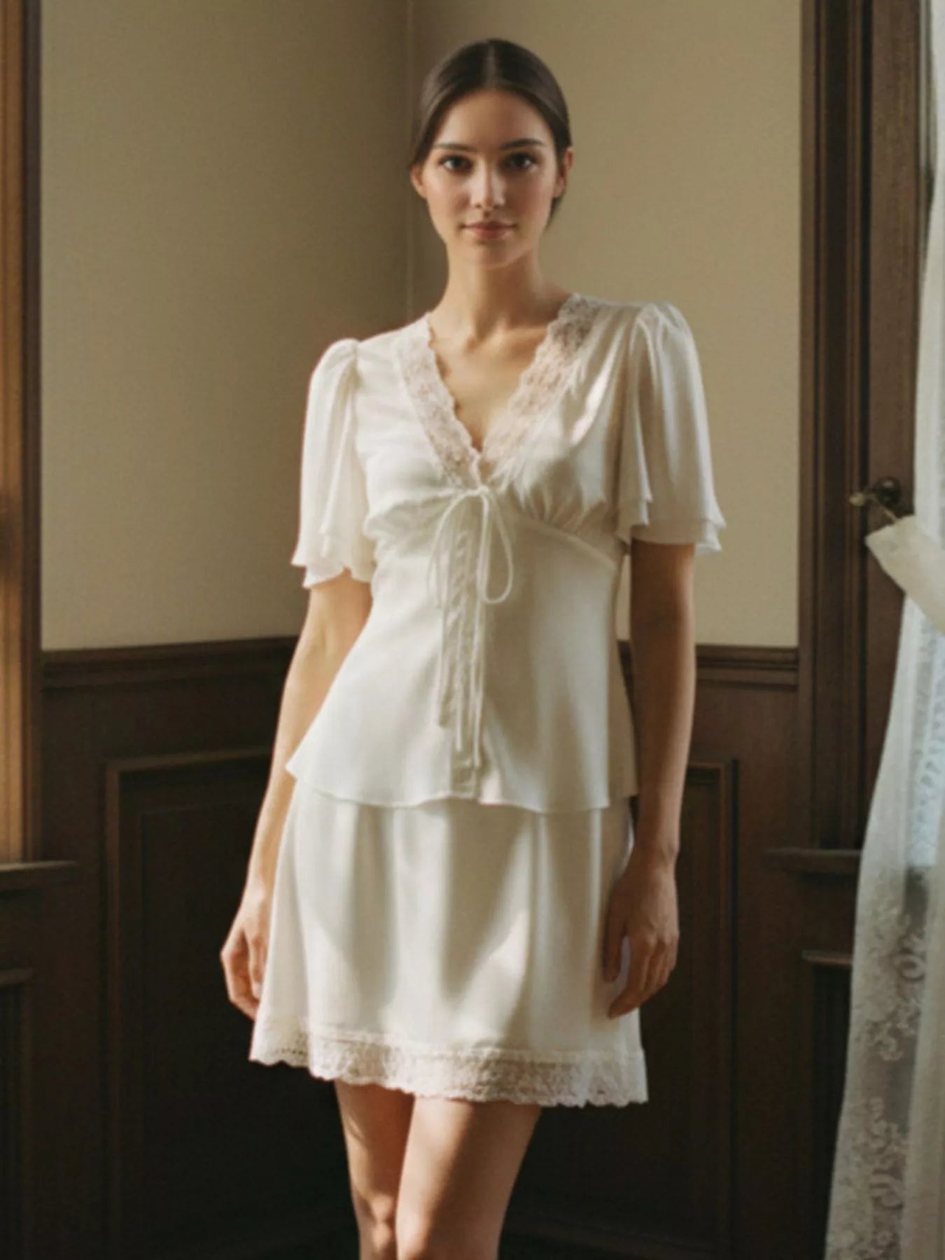 Lace Detail Short Sleeve Top and Skirt Set