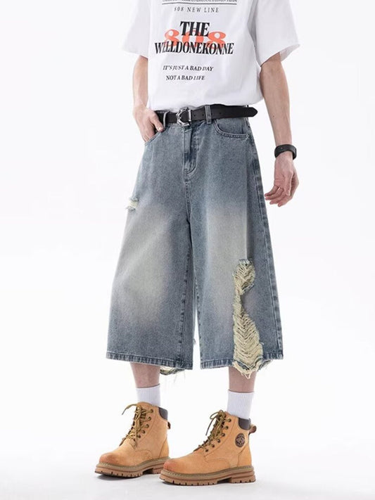 Men's Full Size Ripped Wide Leg Denim Shorts Plus Size