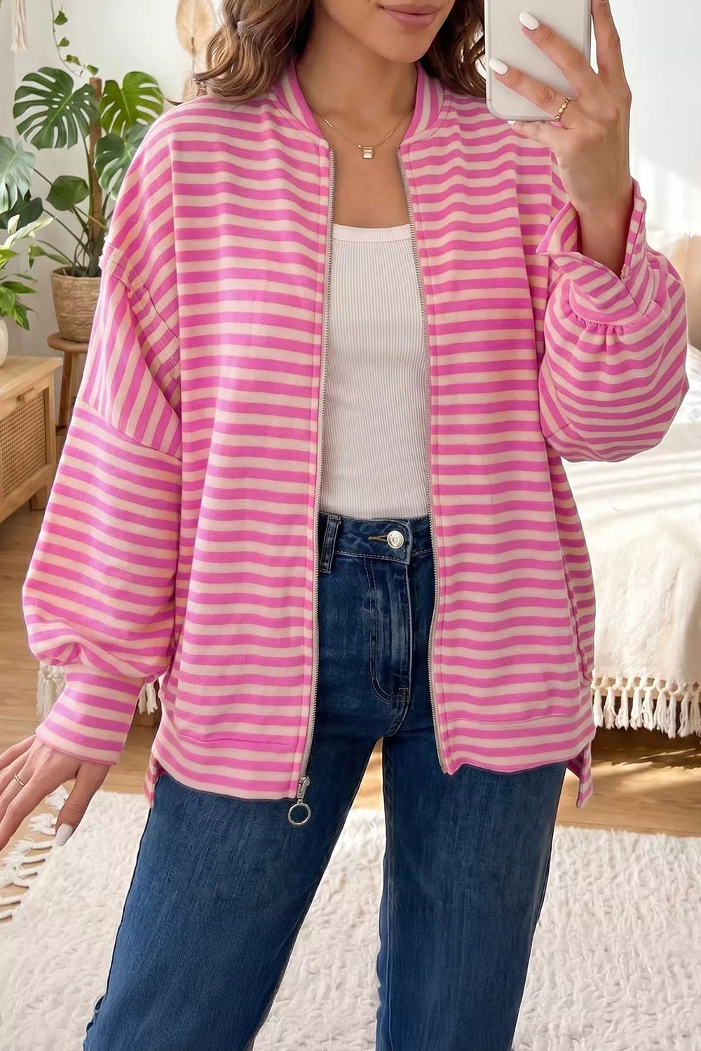 Stripe Striped Zip-up Open Front Loose Fit Regular Length Hoodie