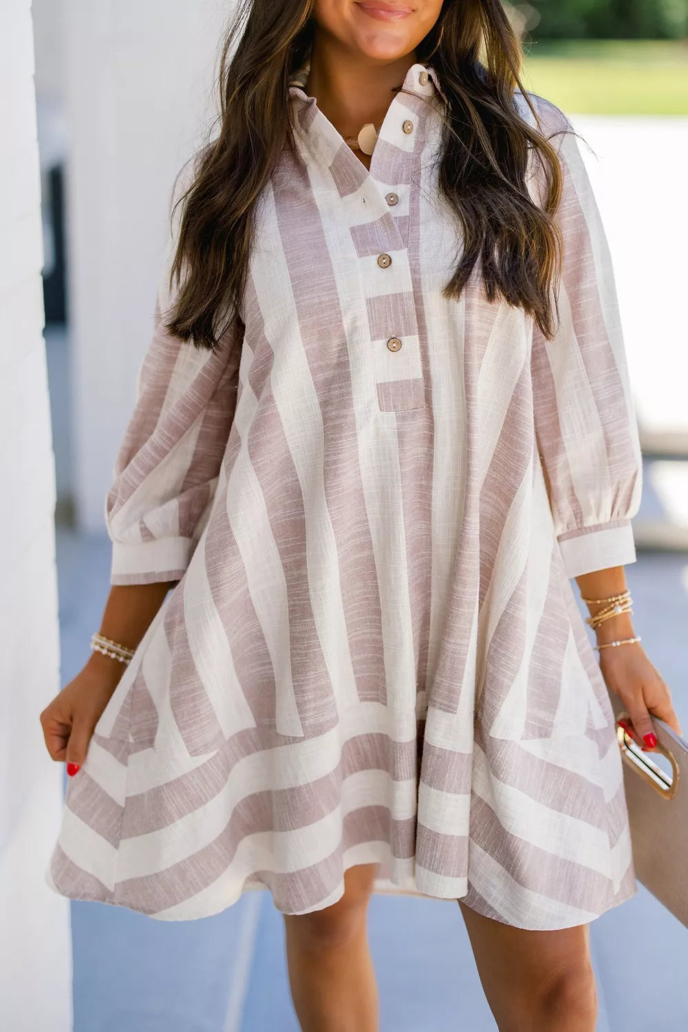 Striped Button-Up Three-Quarter Sleeve Shift Dress