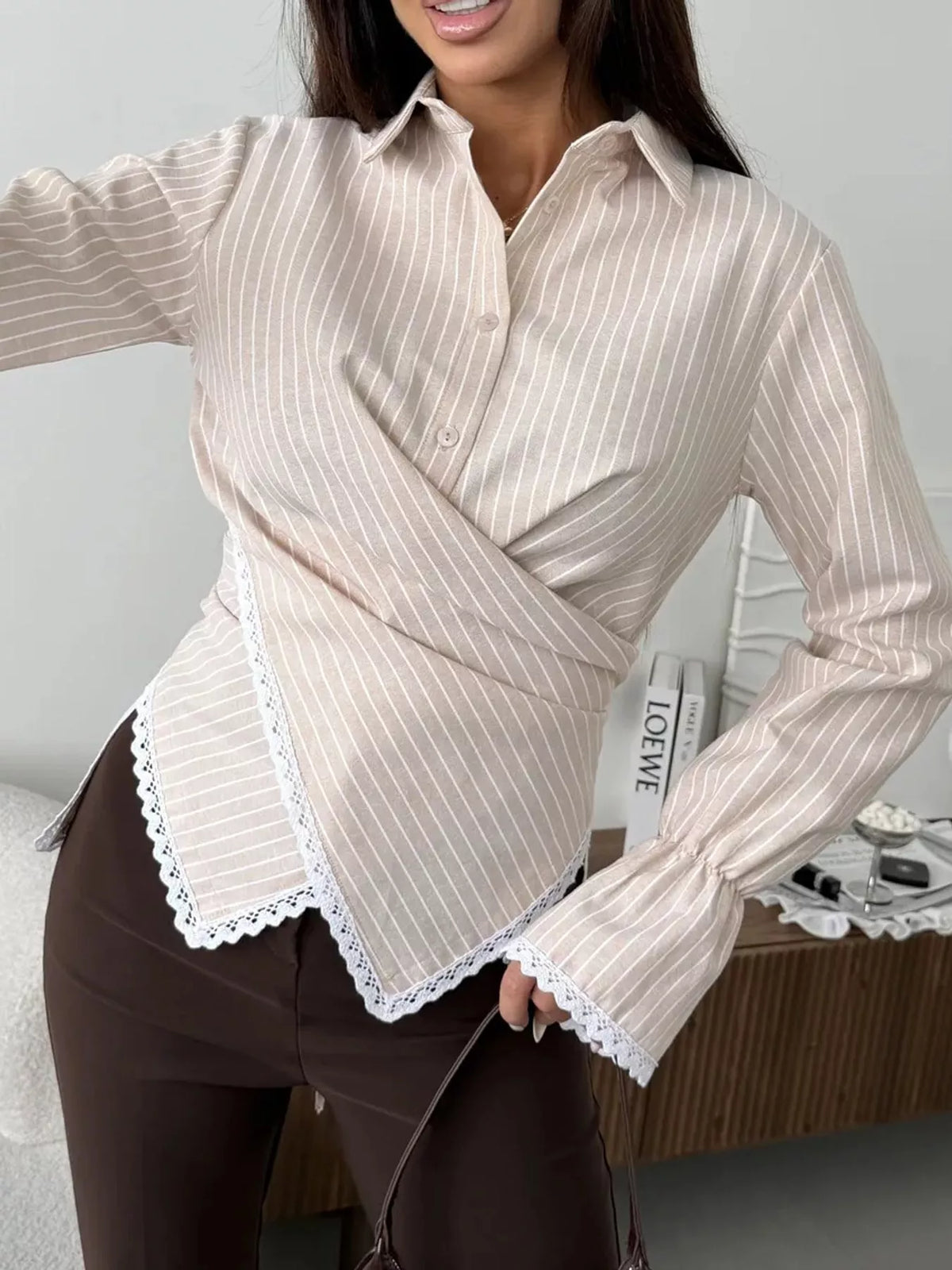 Lace Trim Long Sleeves Striped Shirt