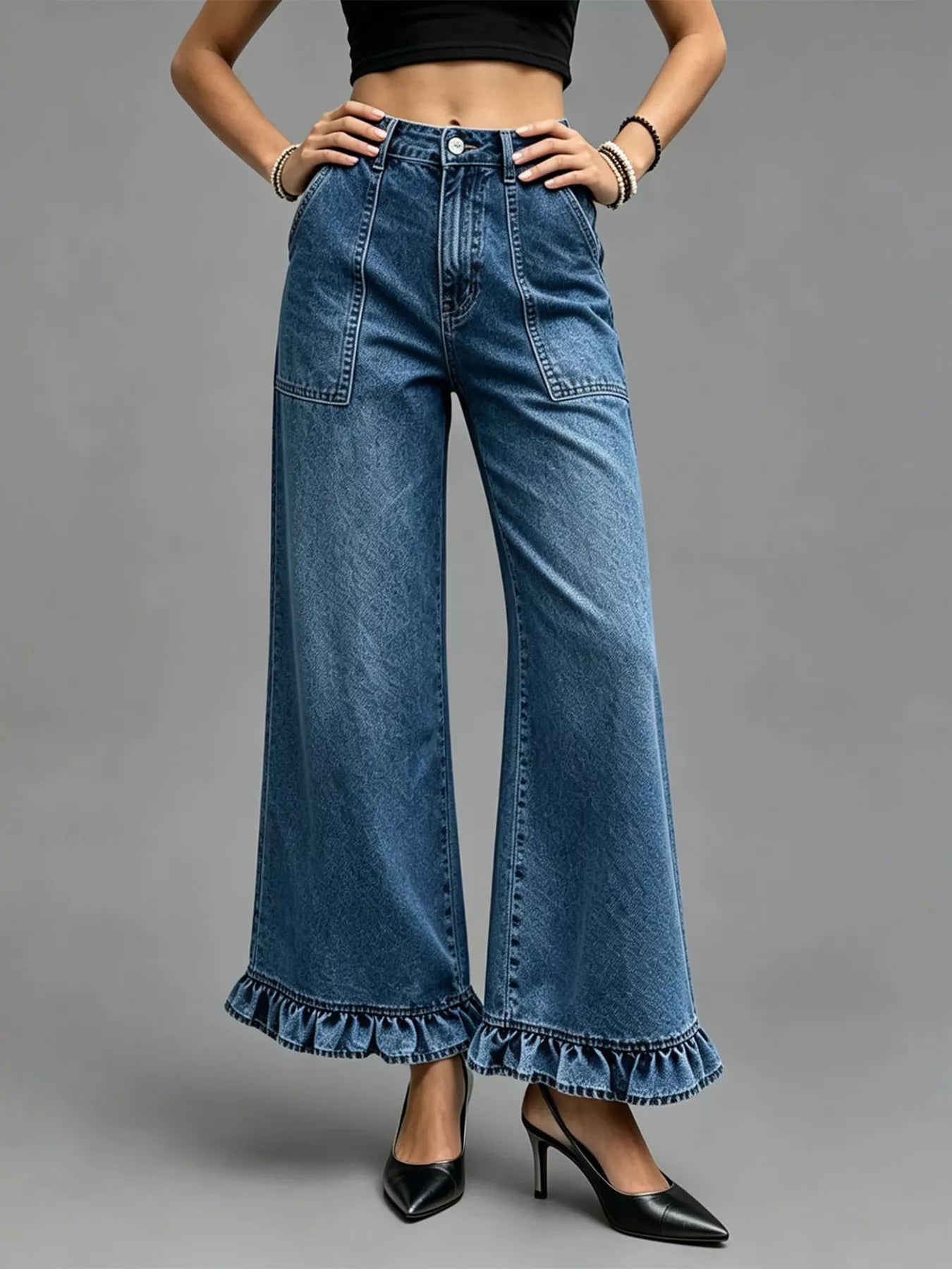 High-Waisted Wide-Leg Ruffle Hem Jeans