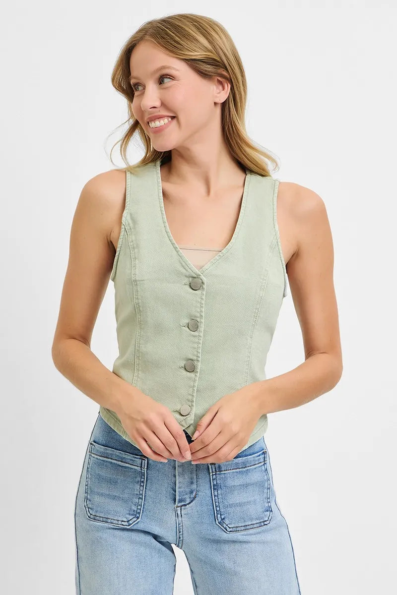 RISEN Full Size V Neck Button Down Vest Plus Size