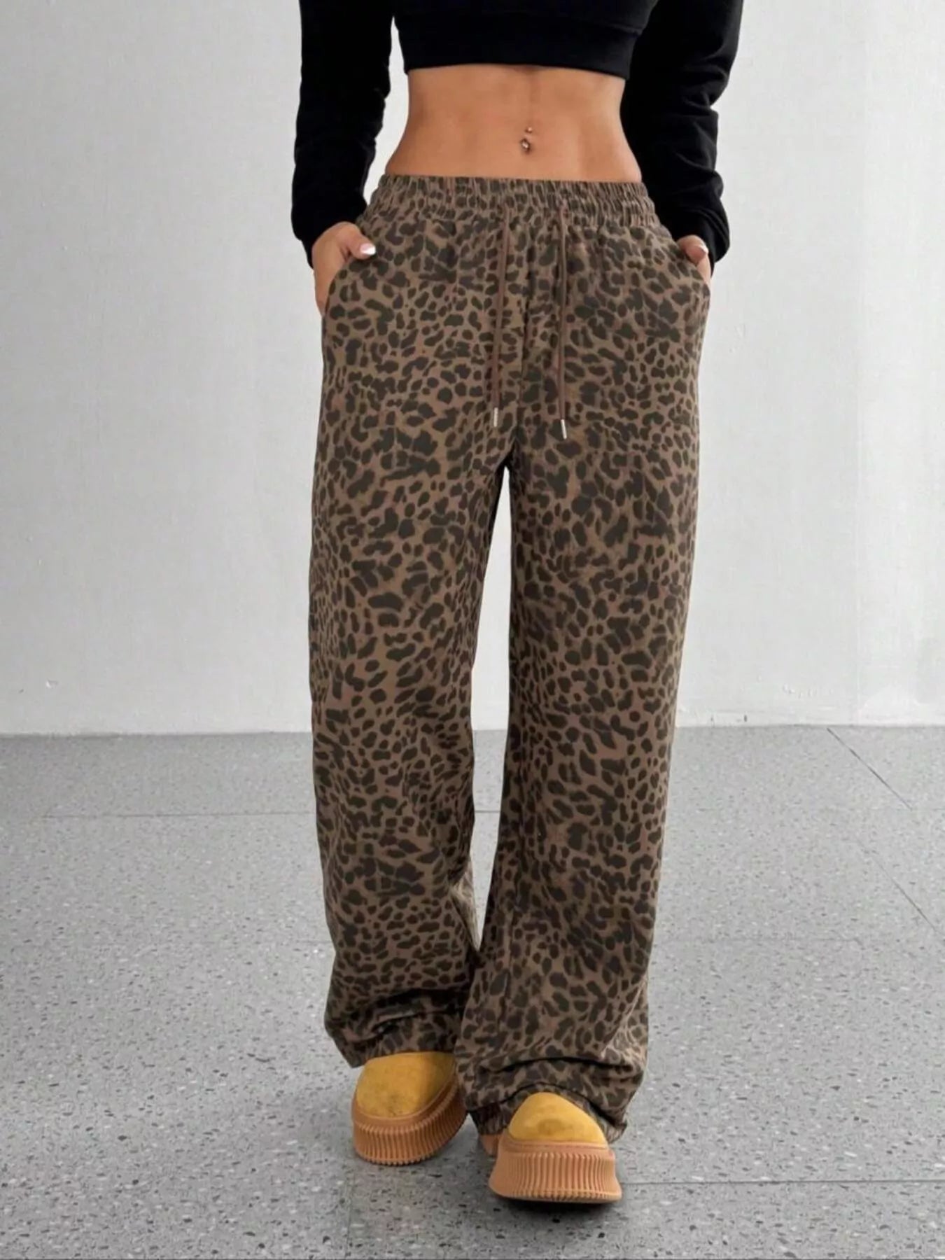 Leopard Drawstring Wide Leg Pants
