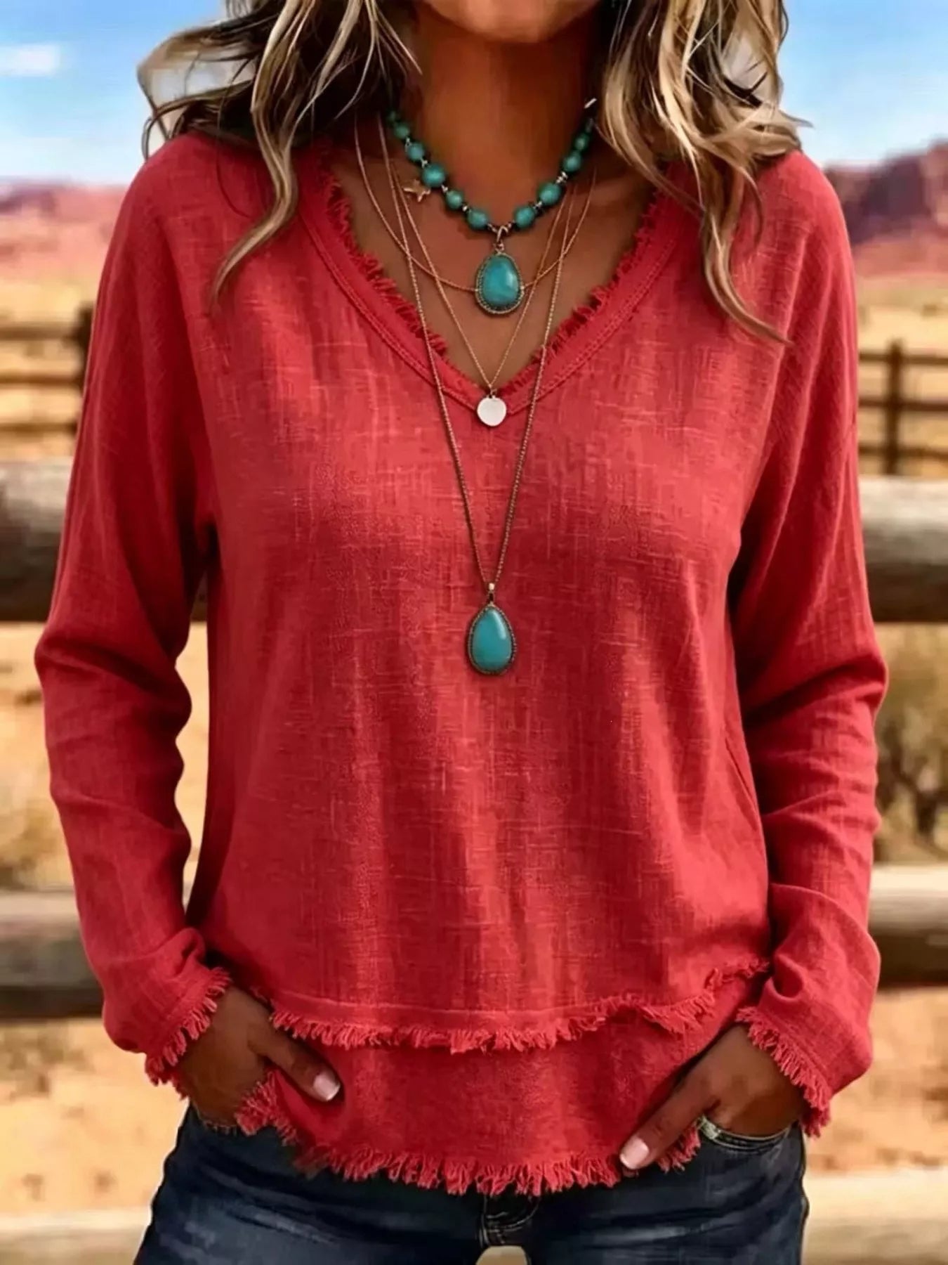V-Neck Frayed Hem Long Sleeve T-Shirt