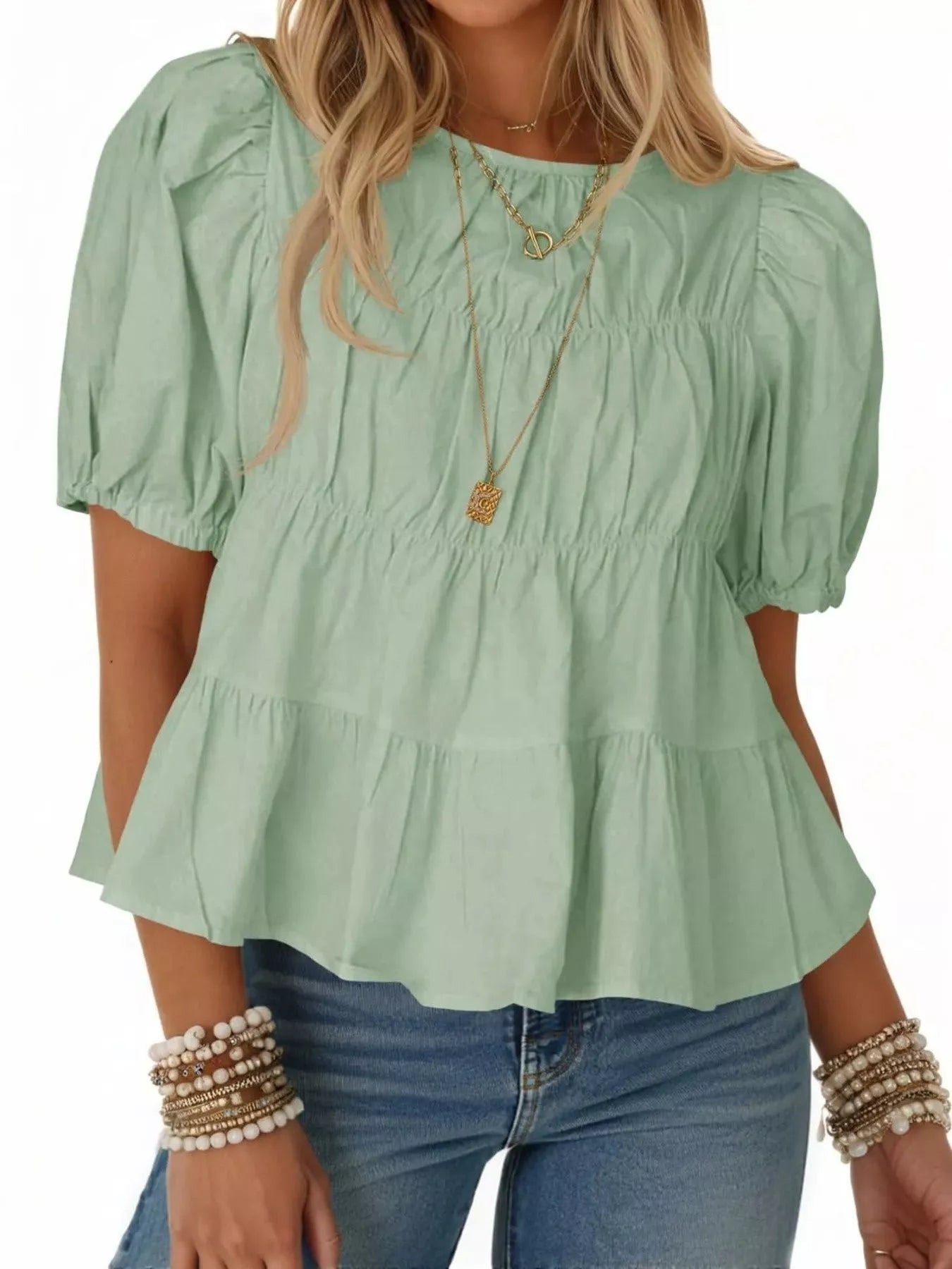Ruched Tiered Puff Sleeve Blouse