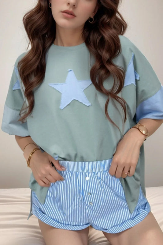 Frayed Denim Star Patched Oversize T Shirt