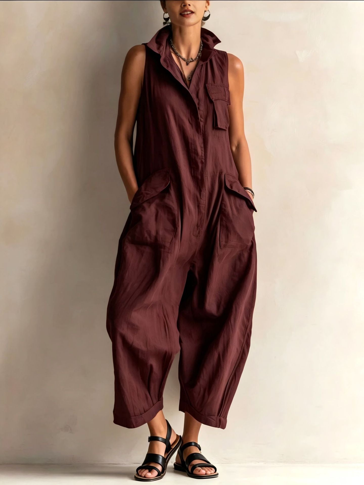 Women's Cotton Sleeveless Cargo Jumpsuit – Wide Leg Multi-Pocket