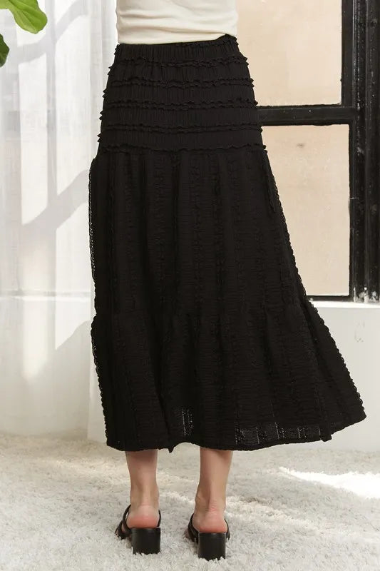 ADORA Elastic Waistband Tiered Midi Skirt
