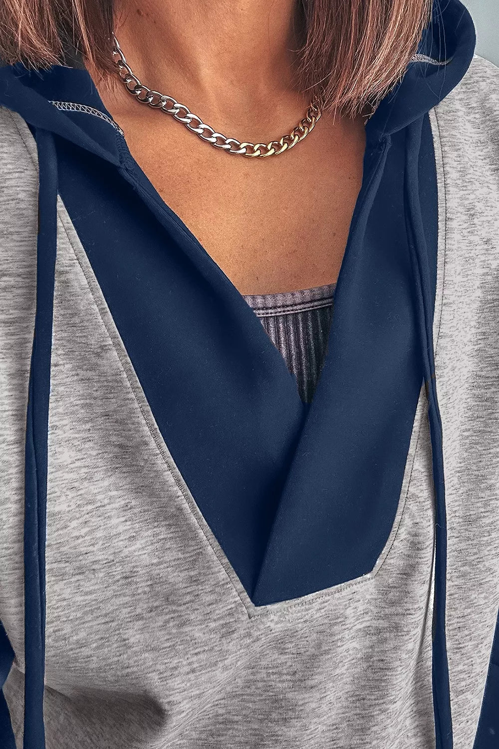 Color Block Patchwork V Neck Drawstring Hoodie