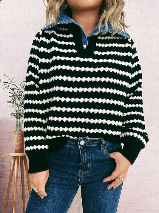 Contrast Striped Sweater with Denim Collar