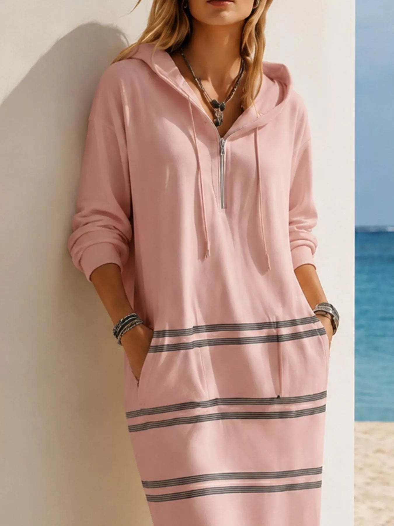 Casual Striped Drawstring Hooded Dress