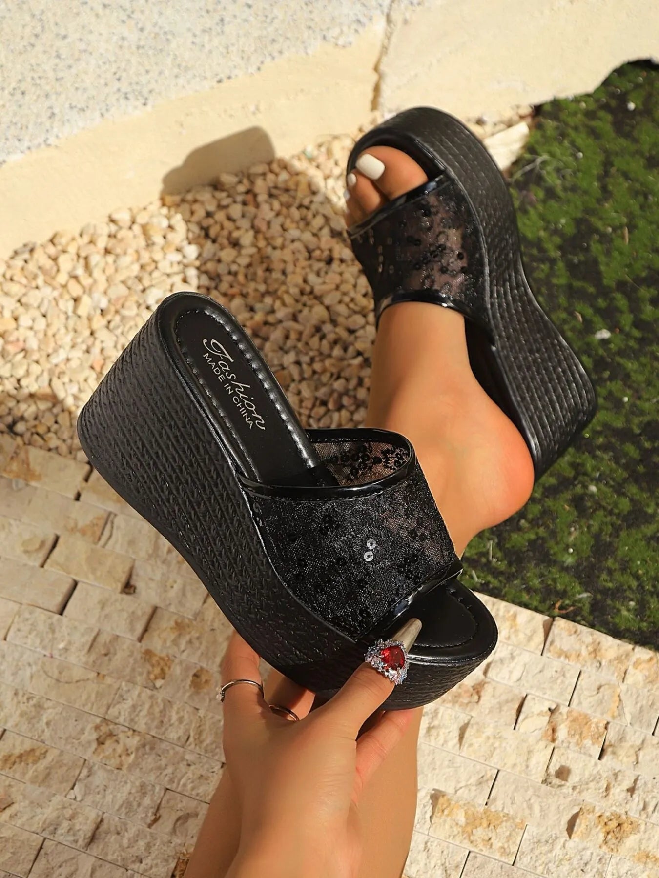 Lace Platform Wedge Sandals
