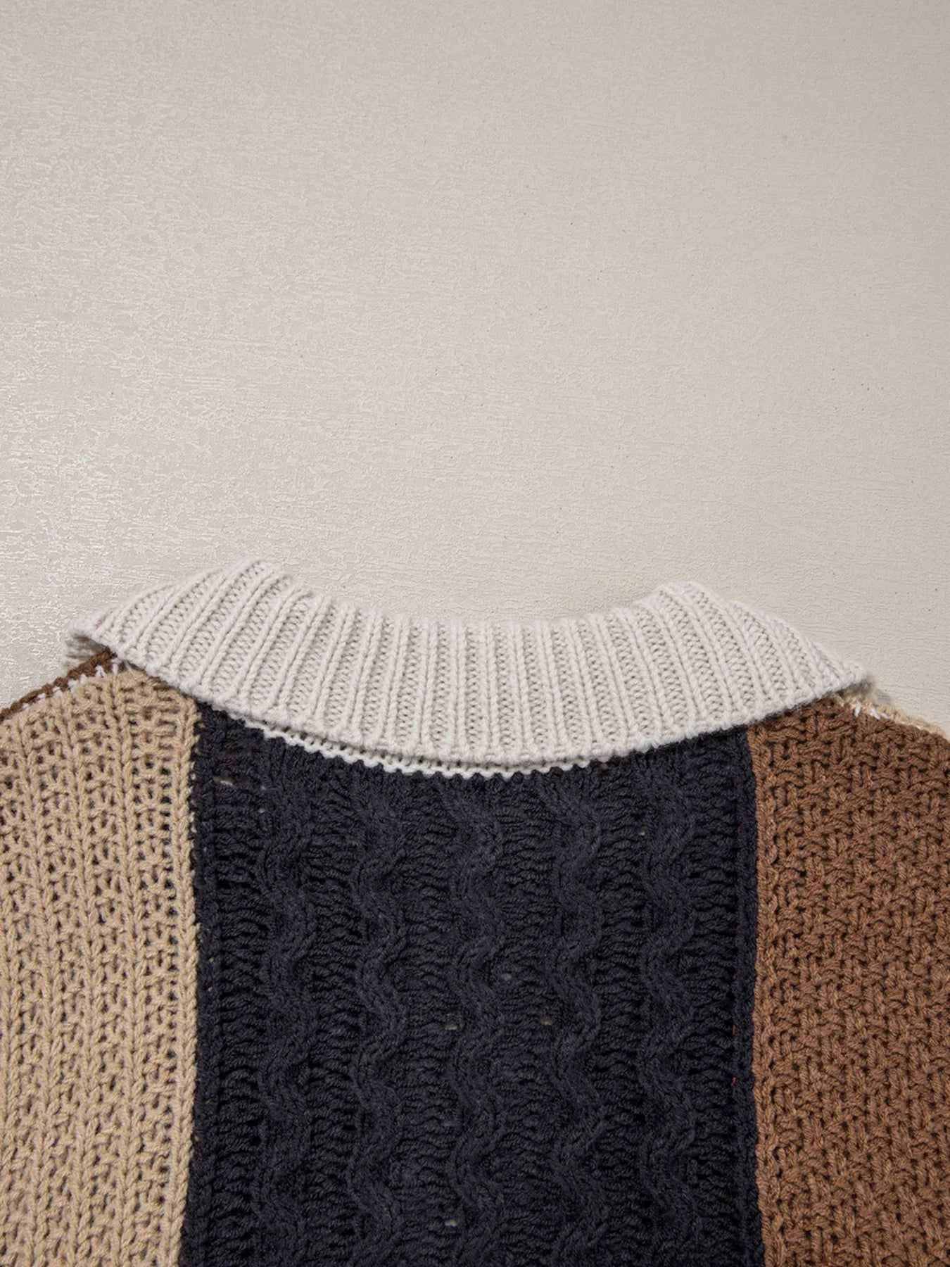 Multicolour Color Block Cable Knit Sleeve Buttons Collared Sweater