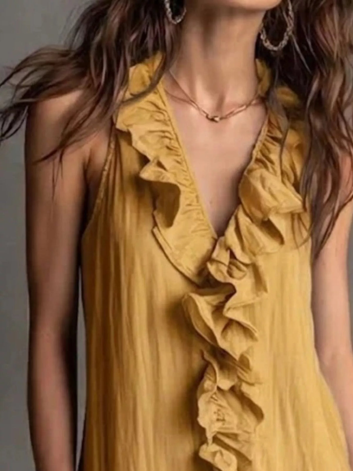 Sleeveless Ruffle Trim V-Neck Midi Dress