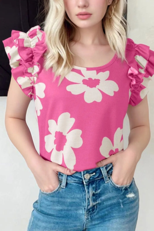 Flower Round Neck Ruffled Sleeve Top