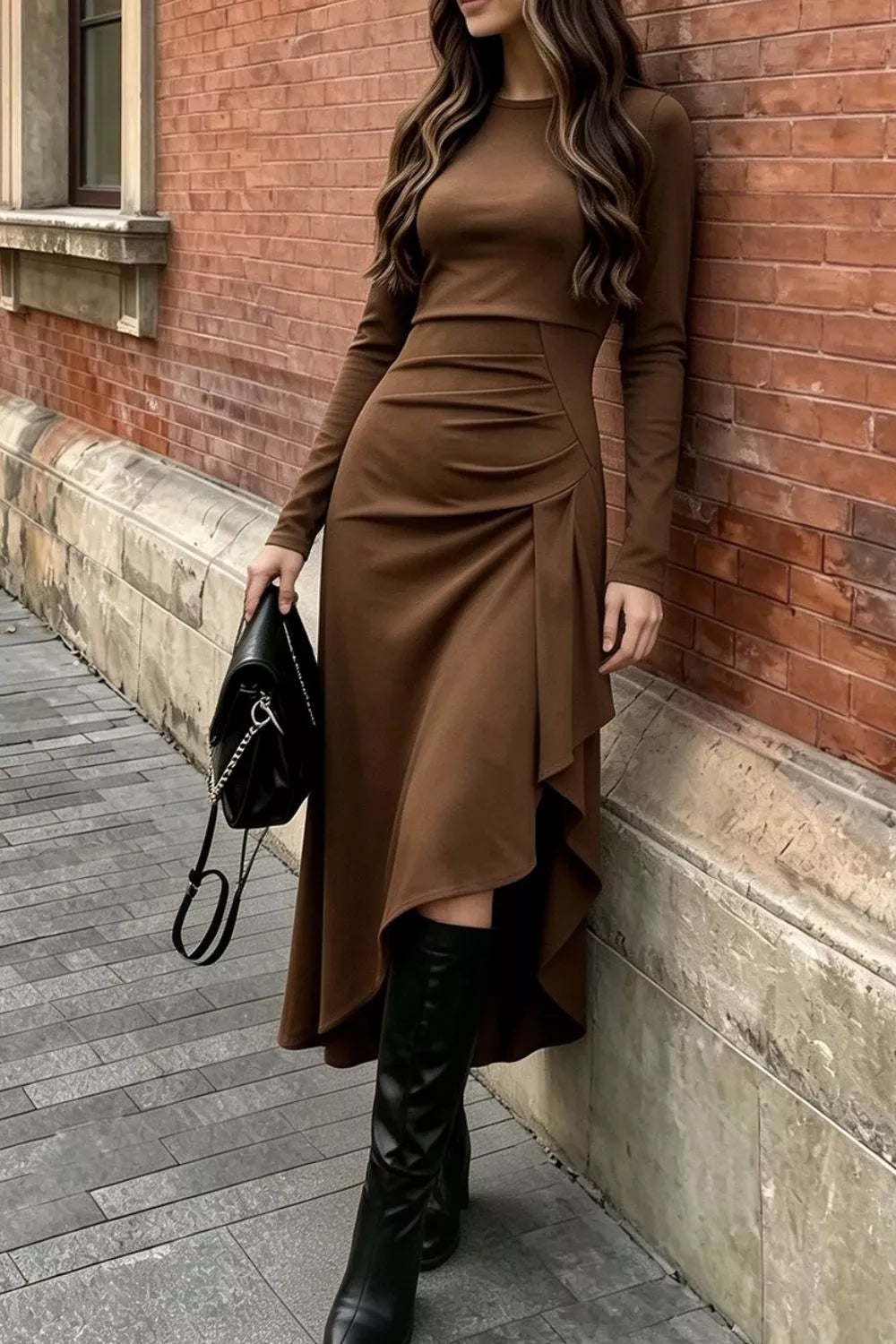 Ruched Asymmetrical Hem Long Sleeve Dress