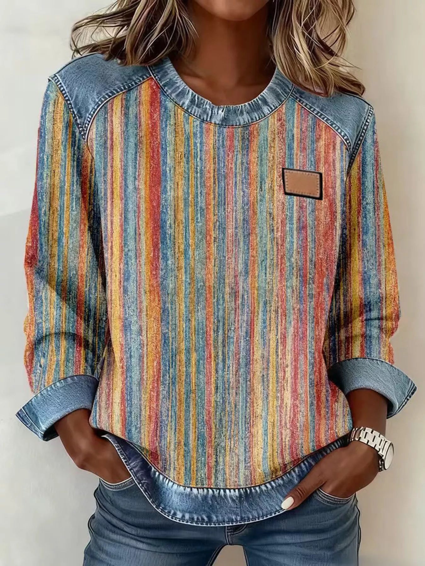 Full Size Plaid Denim Trim Long Sleeve Sweatshirt Plus Size