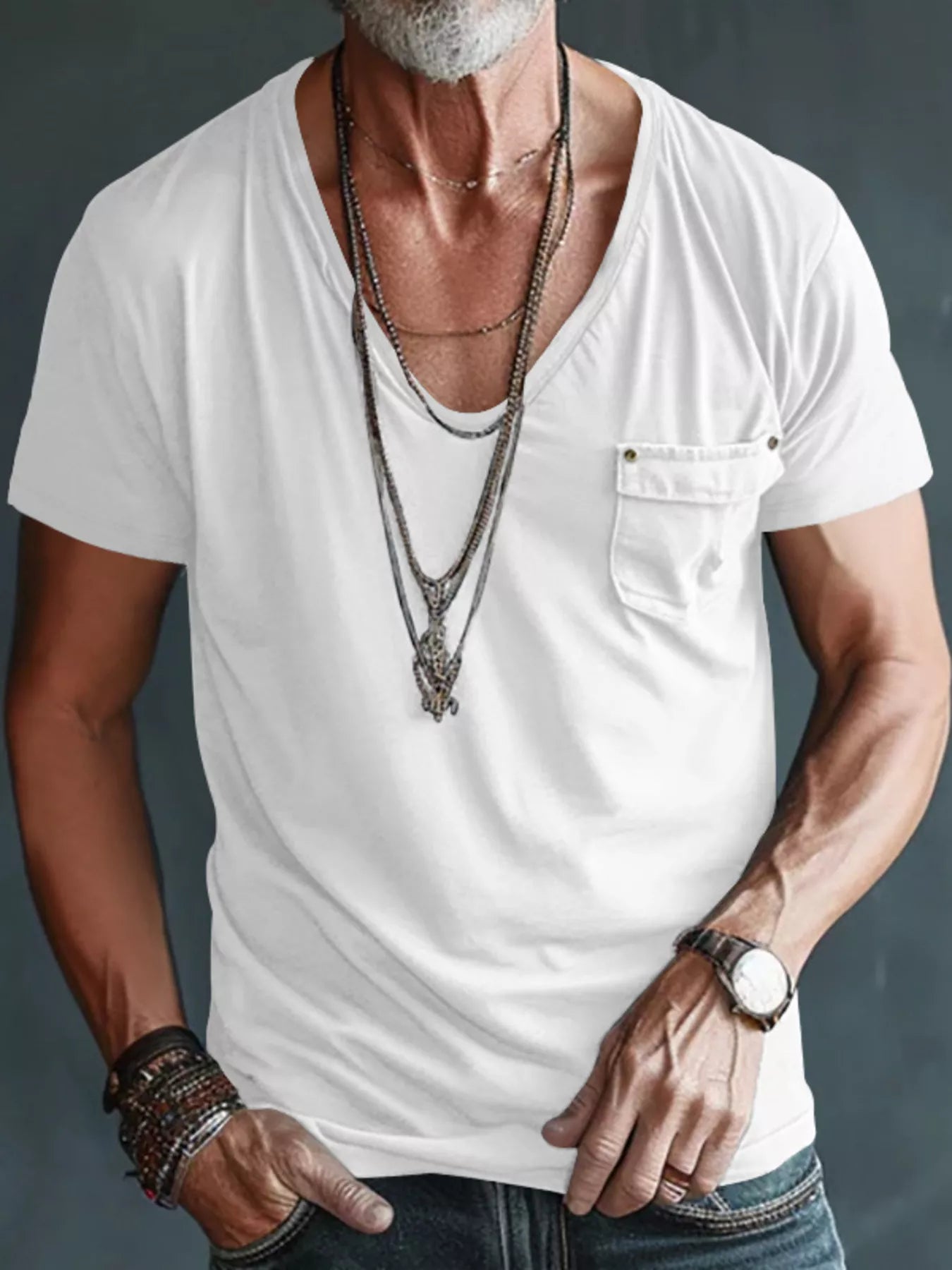 Men's Full Size V-Neck Pocket T-Shirt Plus Size