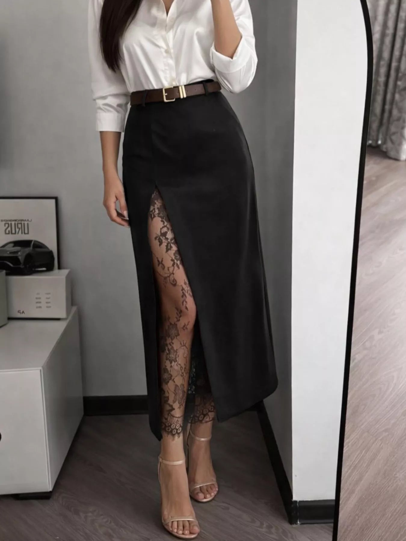 Elegant Lace-Trimmed Slit A-Line Skirt