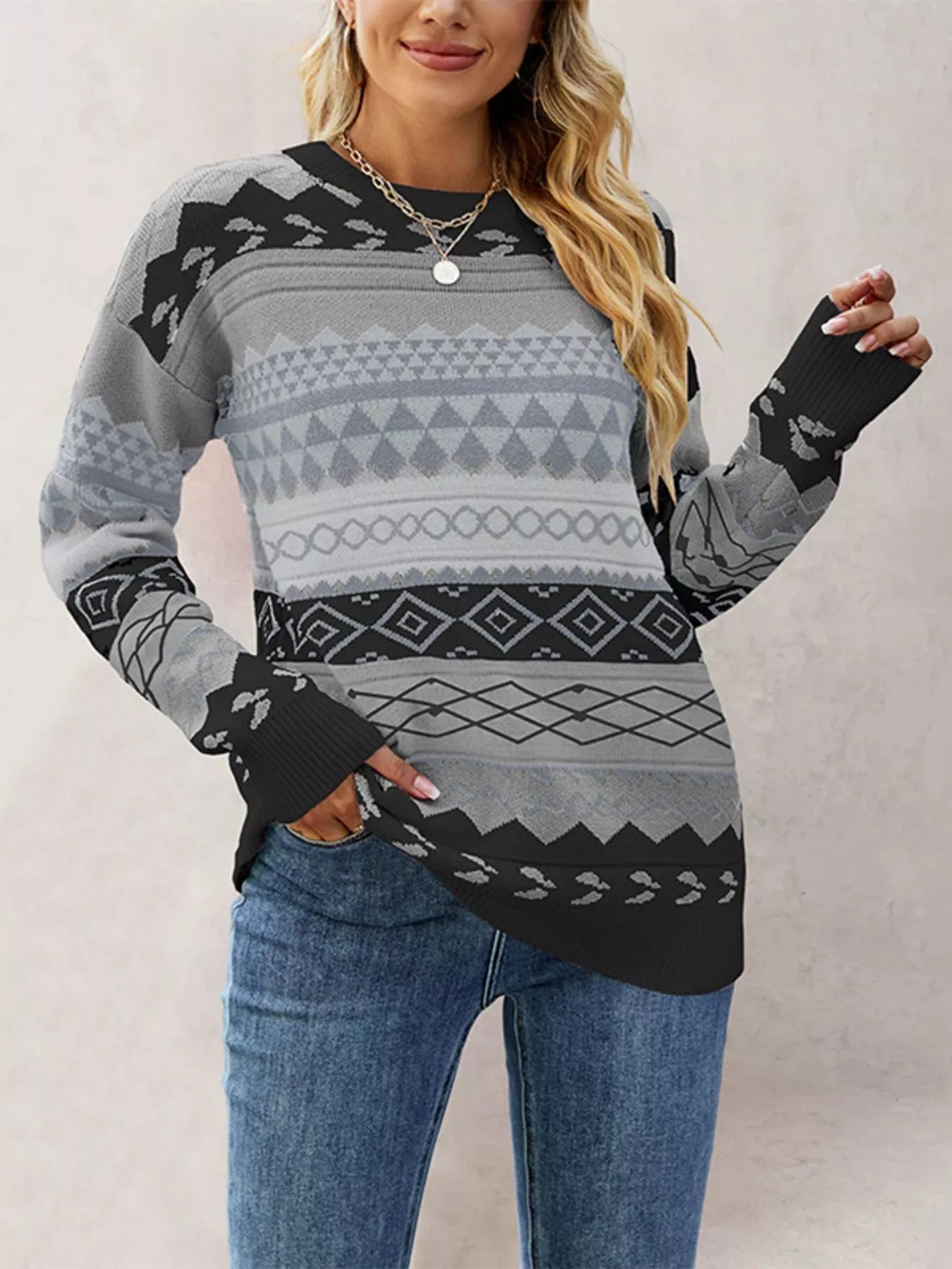 Geometric Pattern Dropped Shoulder Sweater