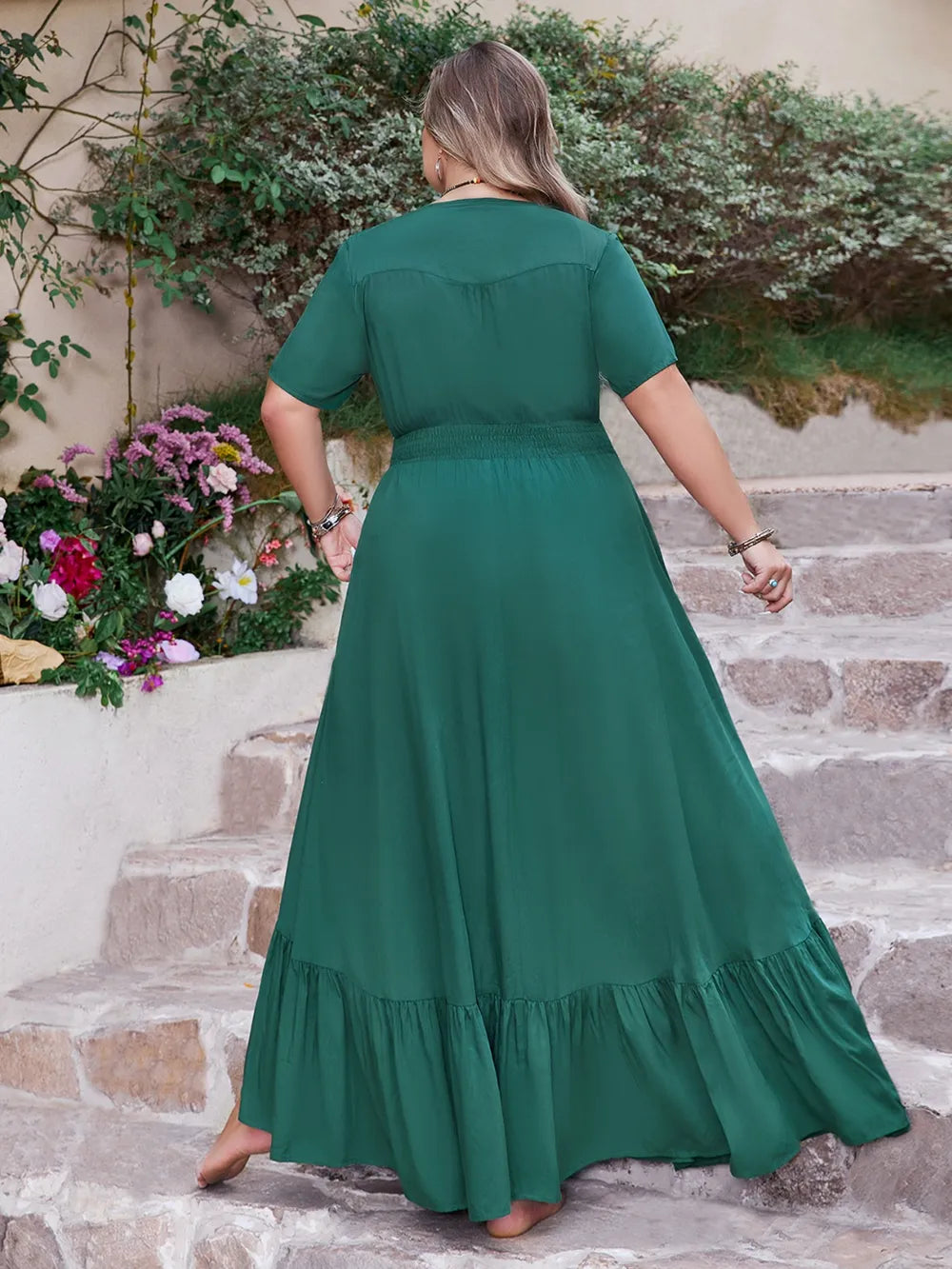 Plus Size Button Detail V-Neck Short Sleeve Maxi Dress