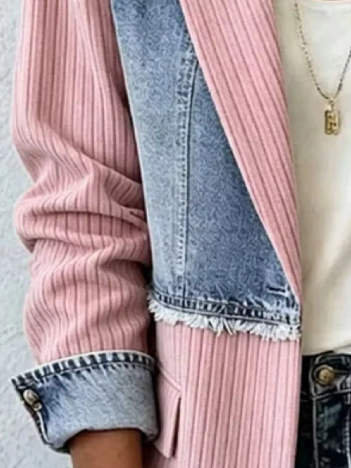 Full Size Patchwork Denim Ribbed Blazer Plus Size