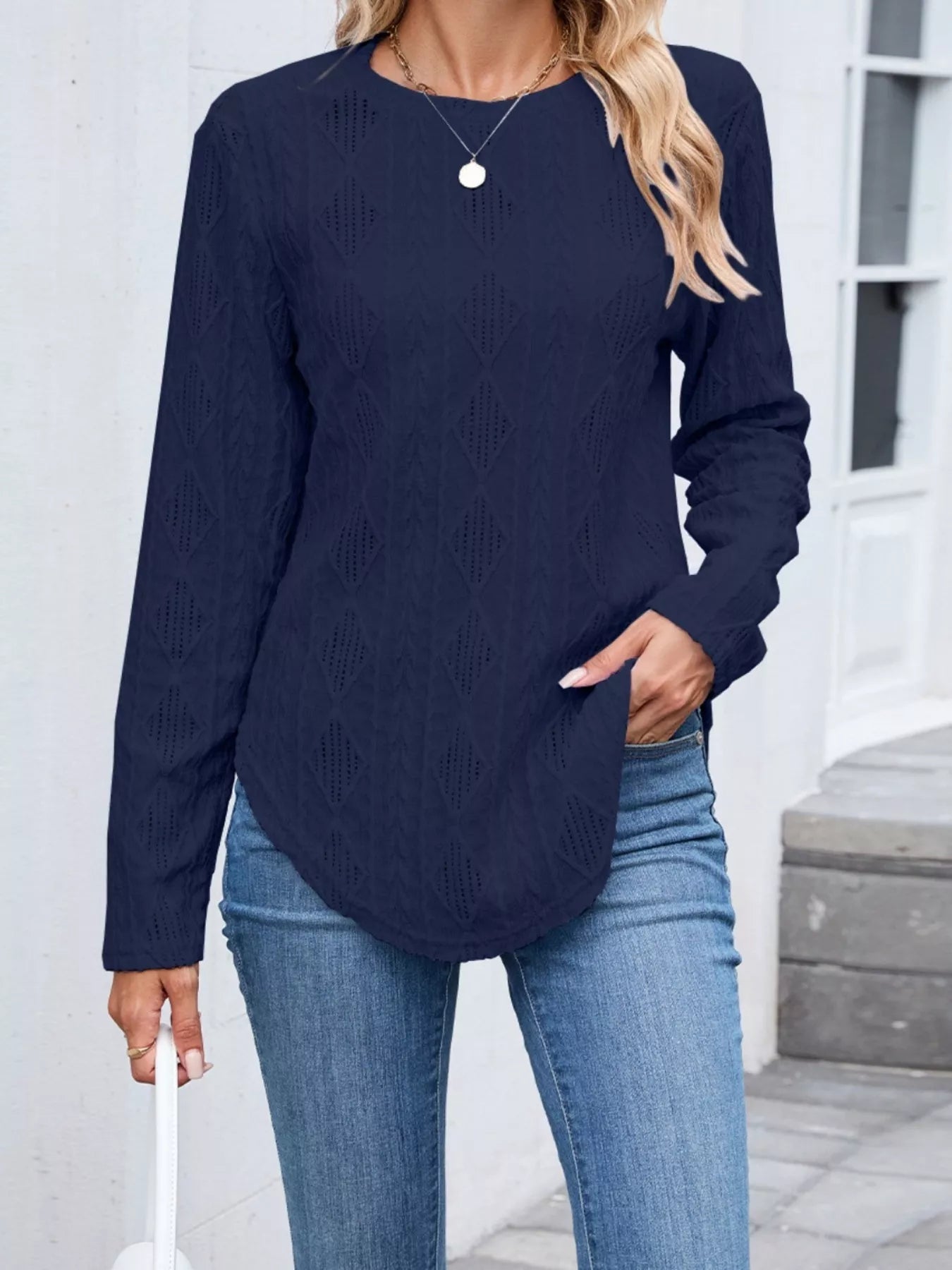 Textured Diamond Knit Long Sleeve T-Shirt